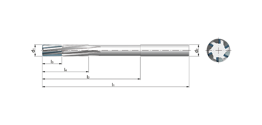 Machine reamers with carbide cutting edges with a straight shank and extended